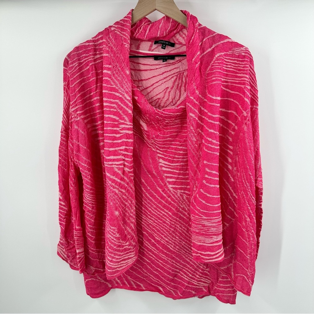 Lafayette 148 Women's 2 pc Cardigan Sweater Set Large/Medium Cowl Neck Cami Pink